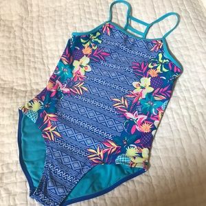 Girls 12-14 L one piece swimsuit; blue/turquoise